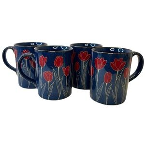 Vintage Otagiri Japan Navy BlueRed Tulip Coffee Mugs Set of 4